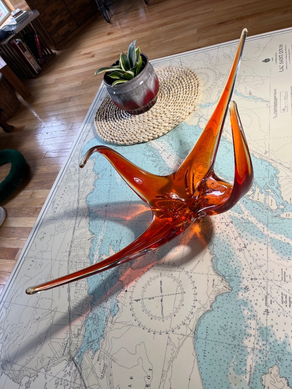 Vintage Chalet Art Glass Four Arm Orange Centrepiece